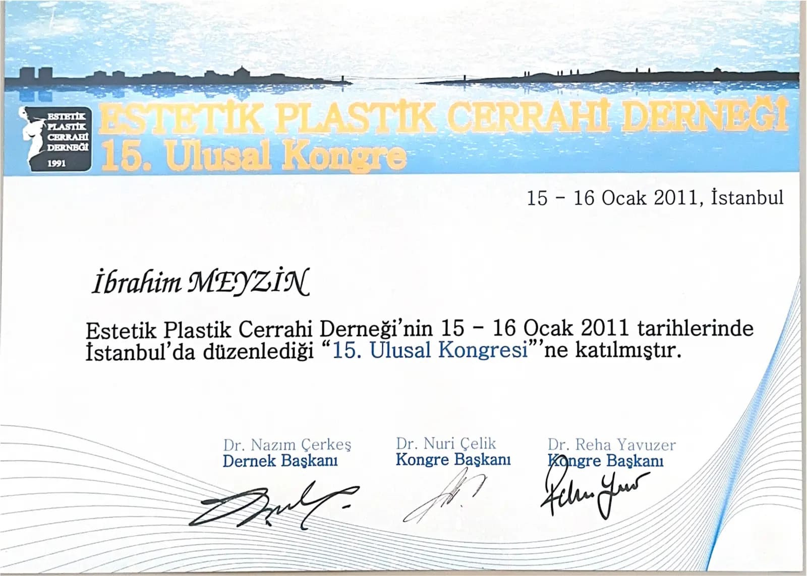 EPCD 15. Ulusal Kongre katılım sertifikası — İstanbul 2011