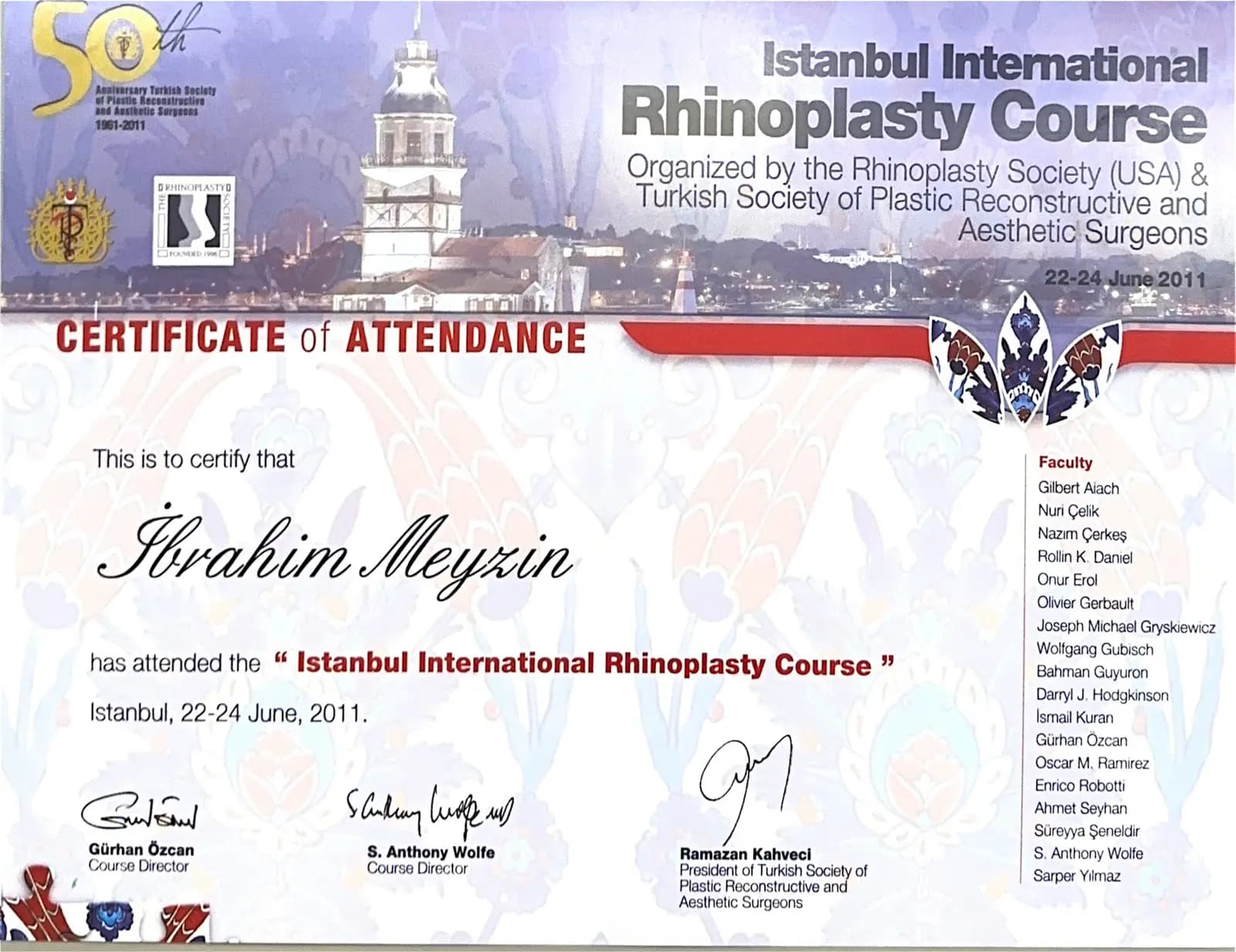 Istanbul International Rhinoplasty Course attendance certificate 2011