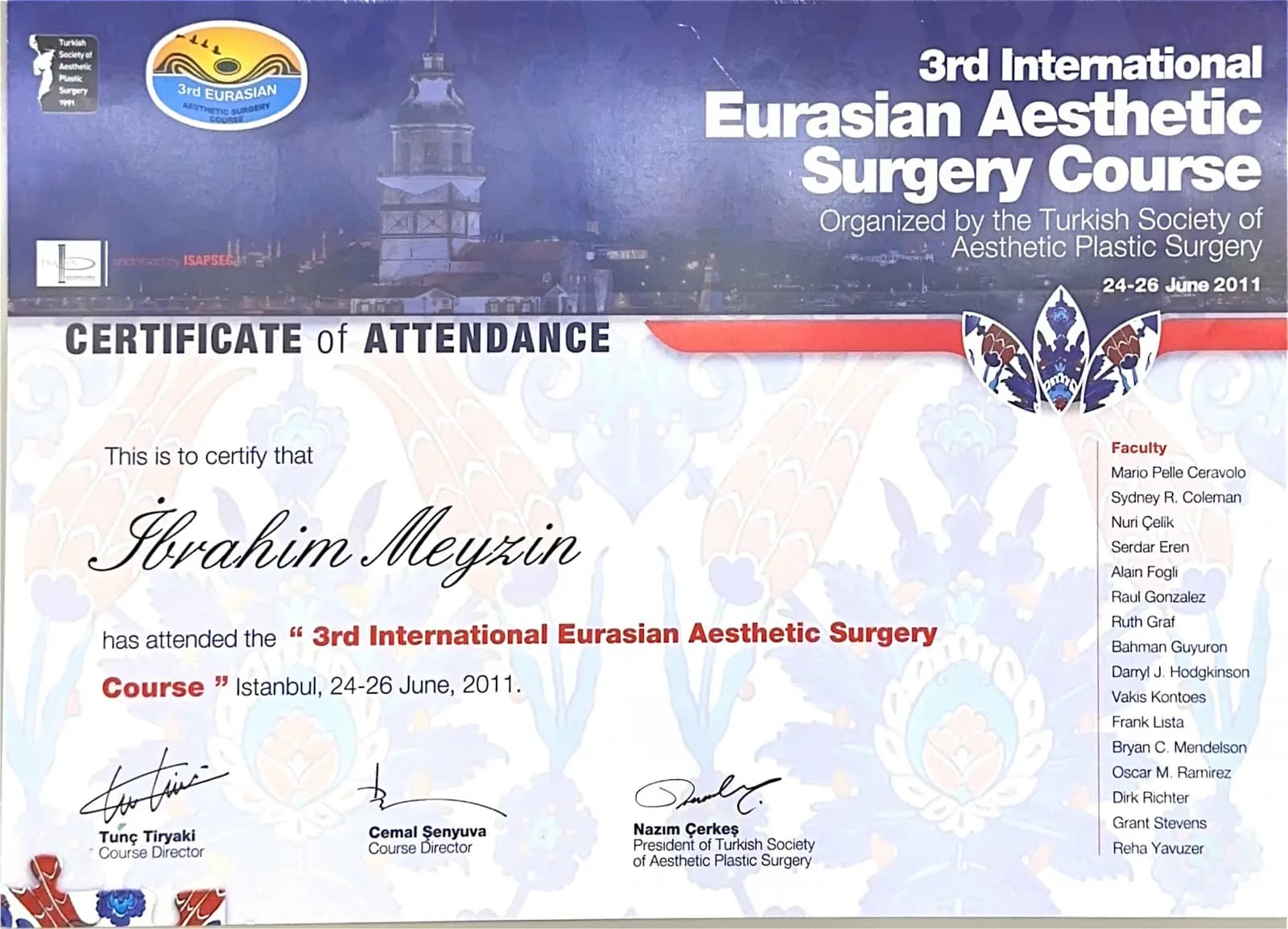 3rd International Eurasian Aesthetic Surgery Course certificate — Istanbul 2011