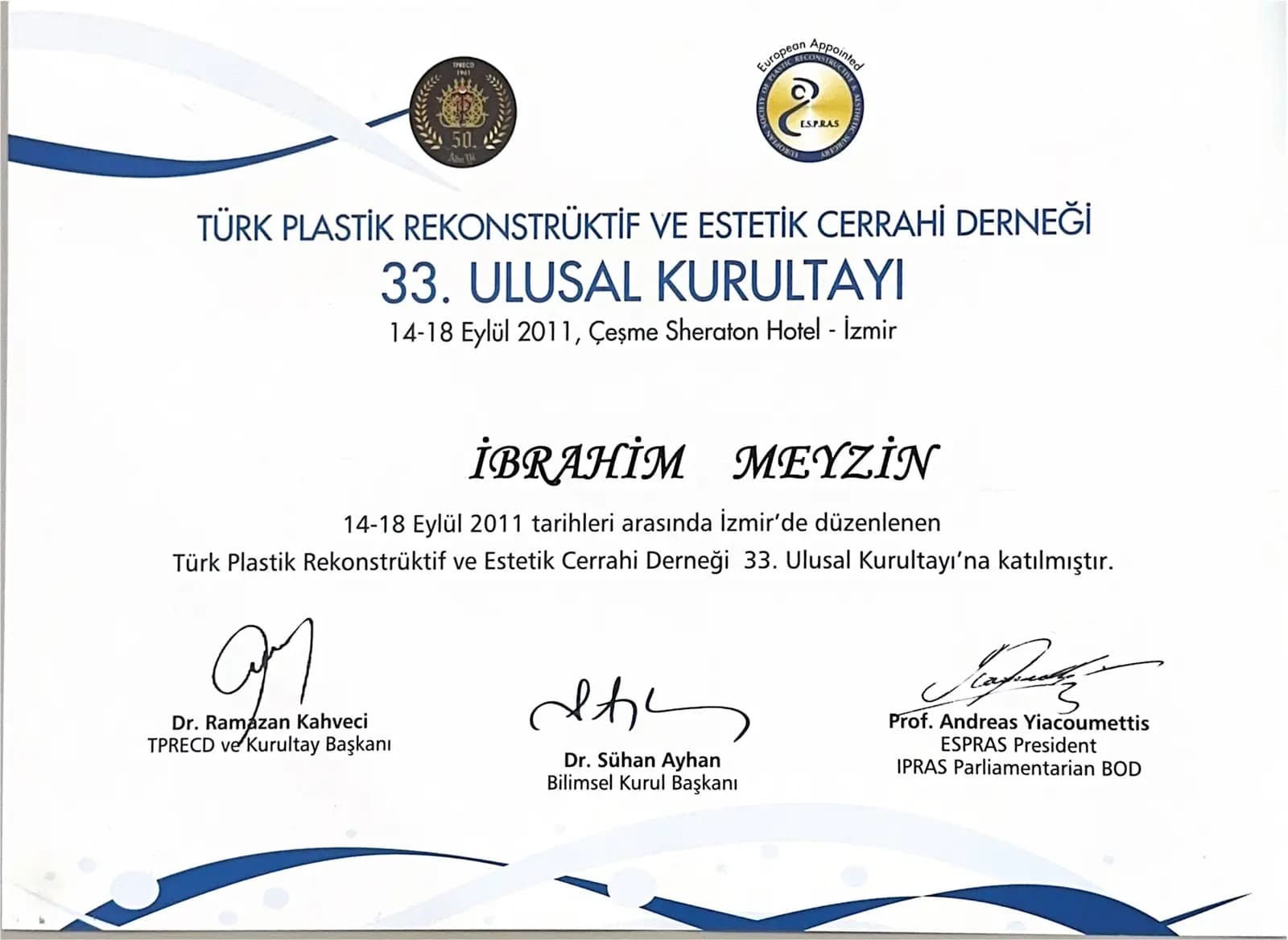 TPRECD 33. Ulusal Kurultay katılım sertifikası — Çeşme 2011