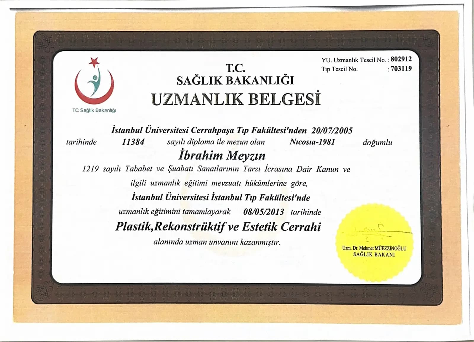 T.C. Sağlık Bakanlığı Plastik Cerrahi Uzmanlık Belgesi 2013