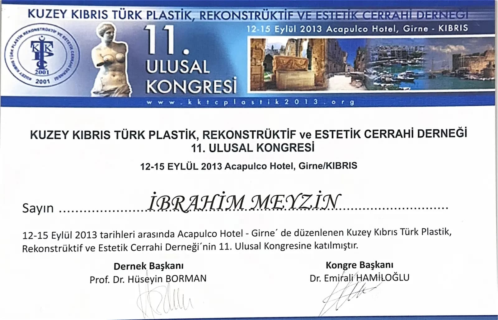 KKTC 11. Ulusal Plastik Cerrahi Kongresi katılım belgesi — Girne 2013