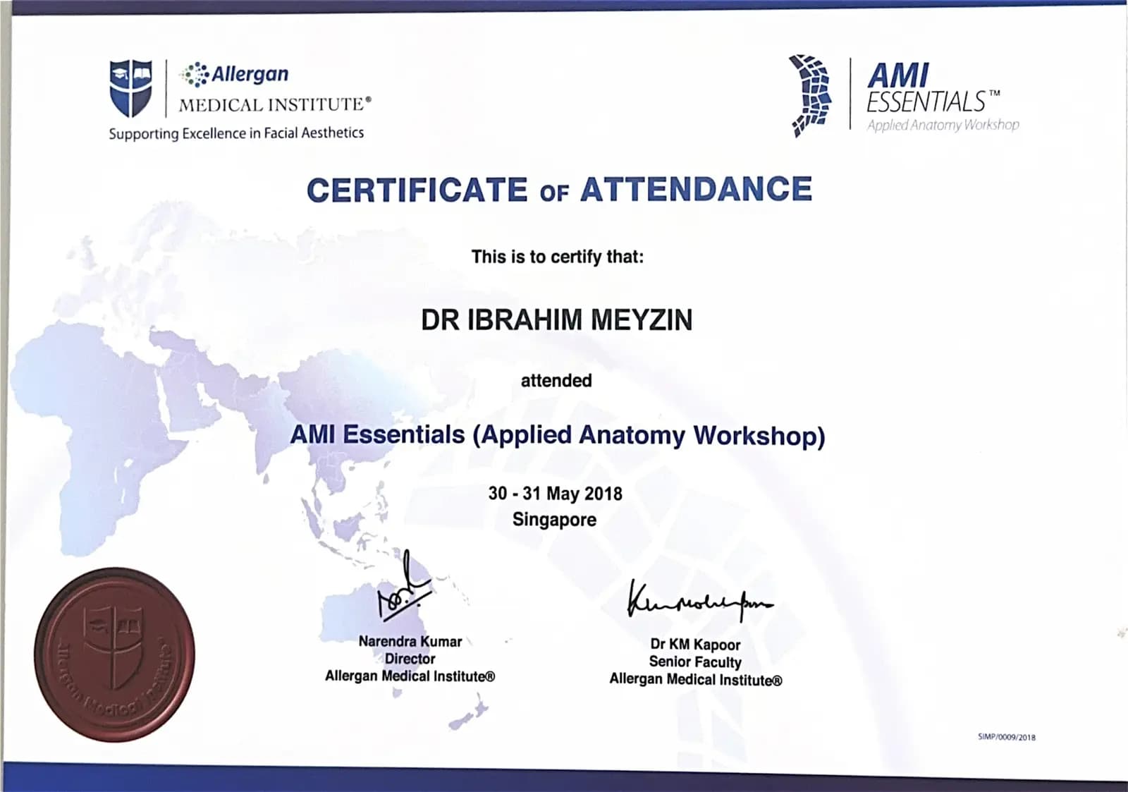Allergan AMI Essentials Applied Anatomy Workshop sertifikası — Singapur 2018
