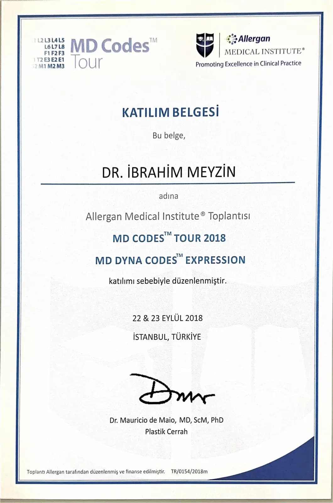 Allergan MD Codes Tour 2018 katılım belgesi — İstanbul
