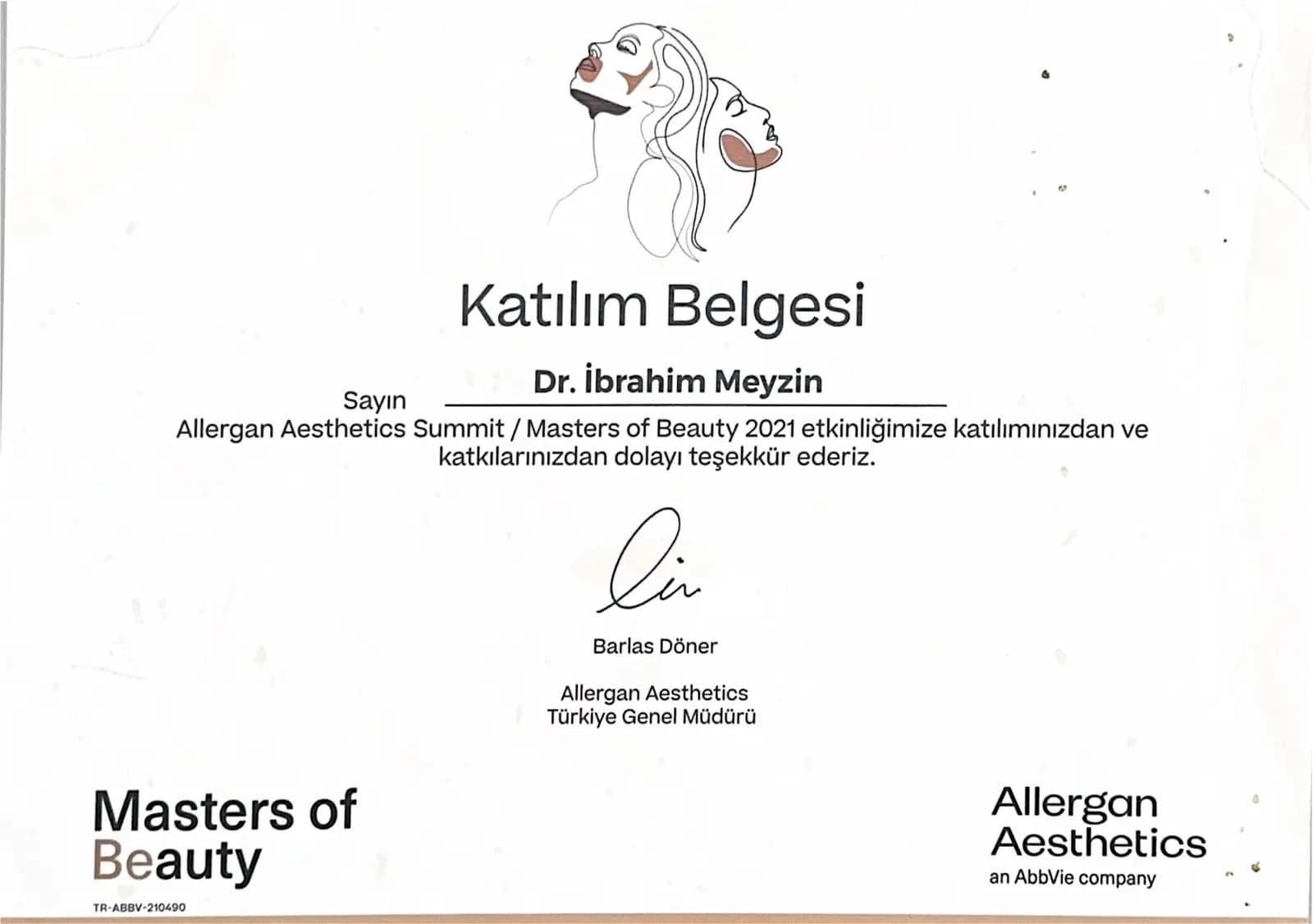 Allergan Aesthetics Masters of Beauty 2021 katılım belgesi
