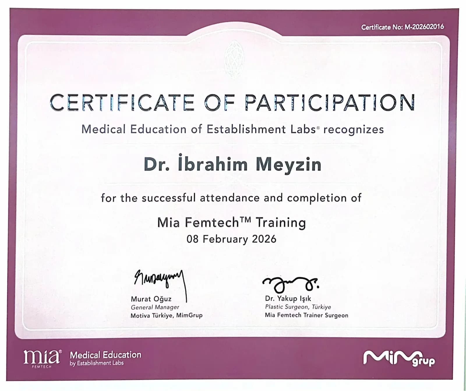 Mia Femtech Training Certificate of Participation — 2026 yenileme