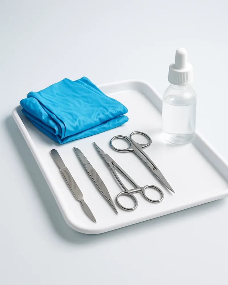 Steril cerrahi alet kompozisyonu — genital estetik (soyut klinik görsel)